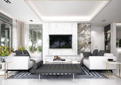 living room, white and gray coaches facing wall with TV