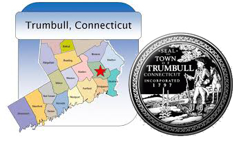 location of Trumbull on map with the Trumbull town seal